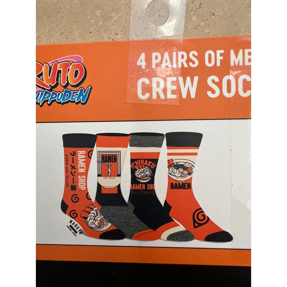 Naruto Shippuden 4 Pairs Mens Crew Socks Ramen Ichiraku Anime Manga Size 10-13